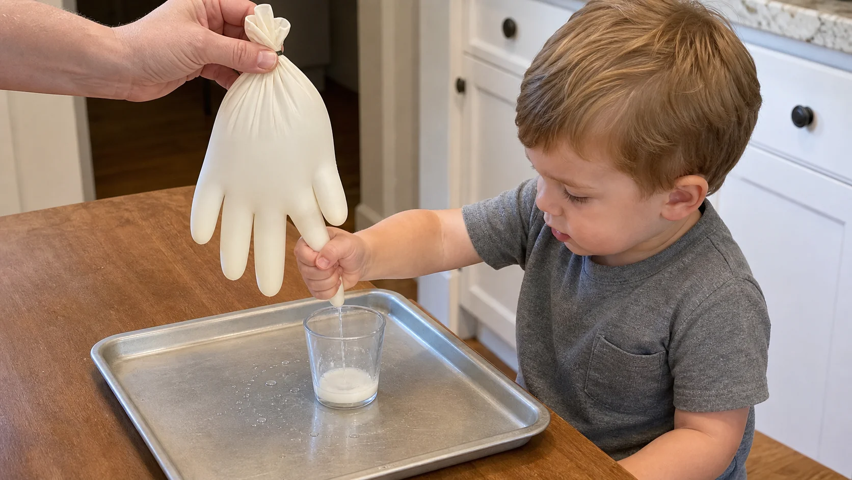 Toddler squeezing a filled glove finger over a cup while a grown-up steadies the glove on a tray.