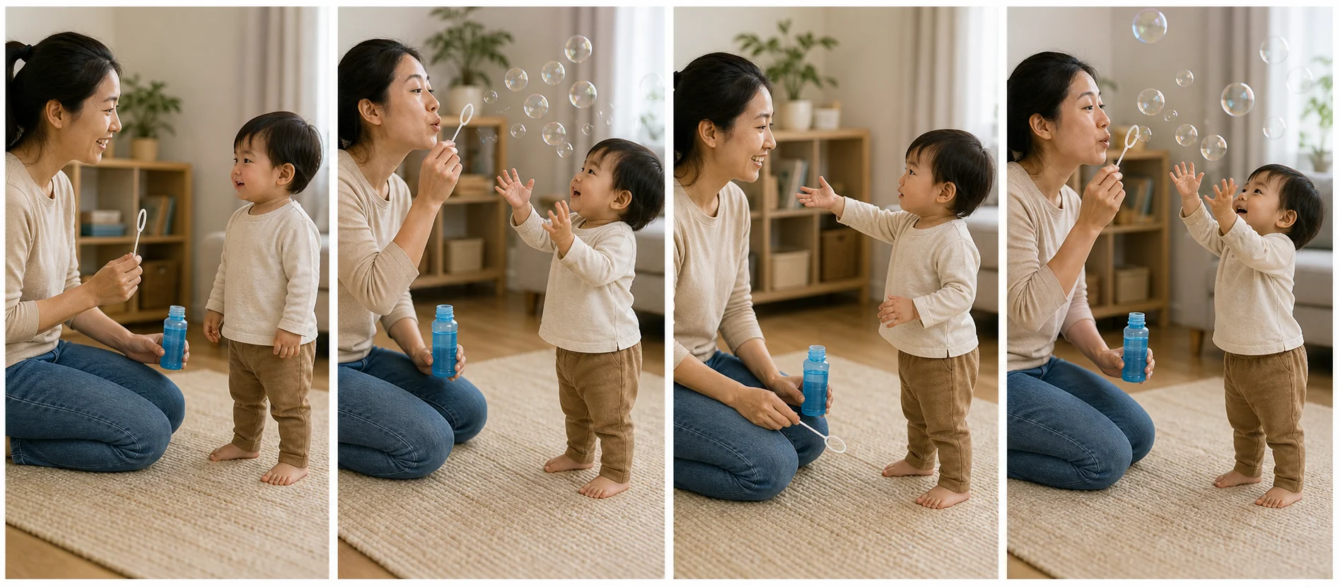 Four panels showing a grown-up blowing bubbles, pausing with the bottle visible, a child signaling for more, and another bubble round starting.