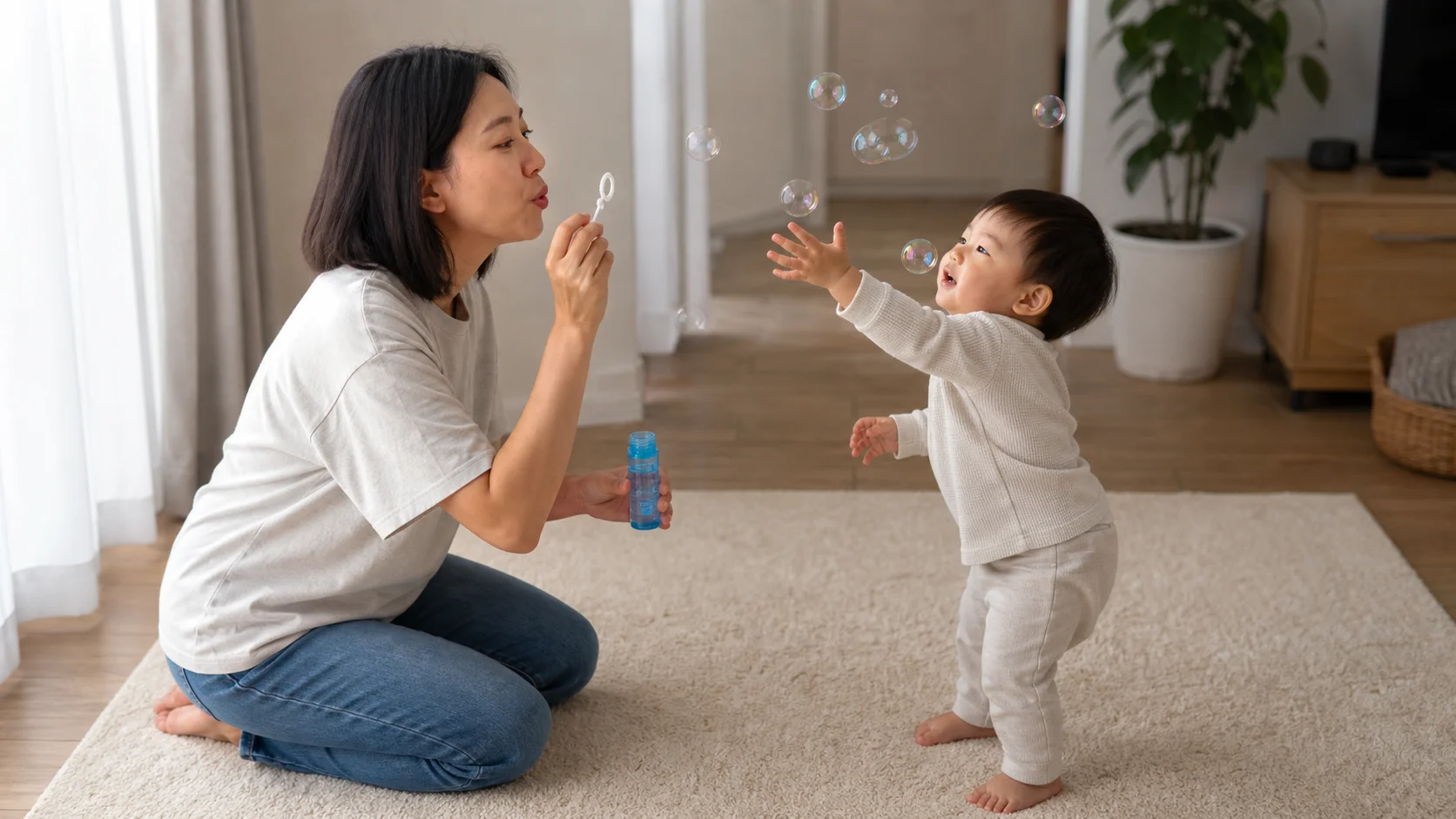 A grown-up kneeling with a bubble wand while a toddler reaches toward floating bubbles.