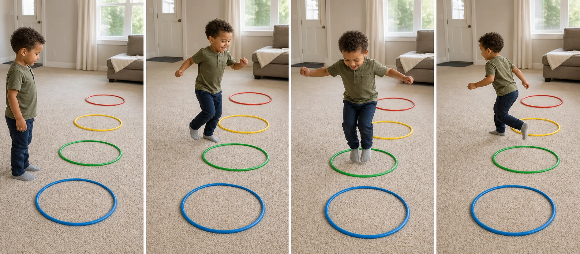 A child dancing through open space, stopping on the music cue, and hopping onto a nearby floor island before the next round starts.