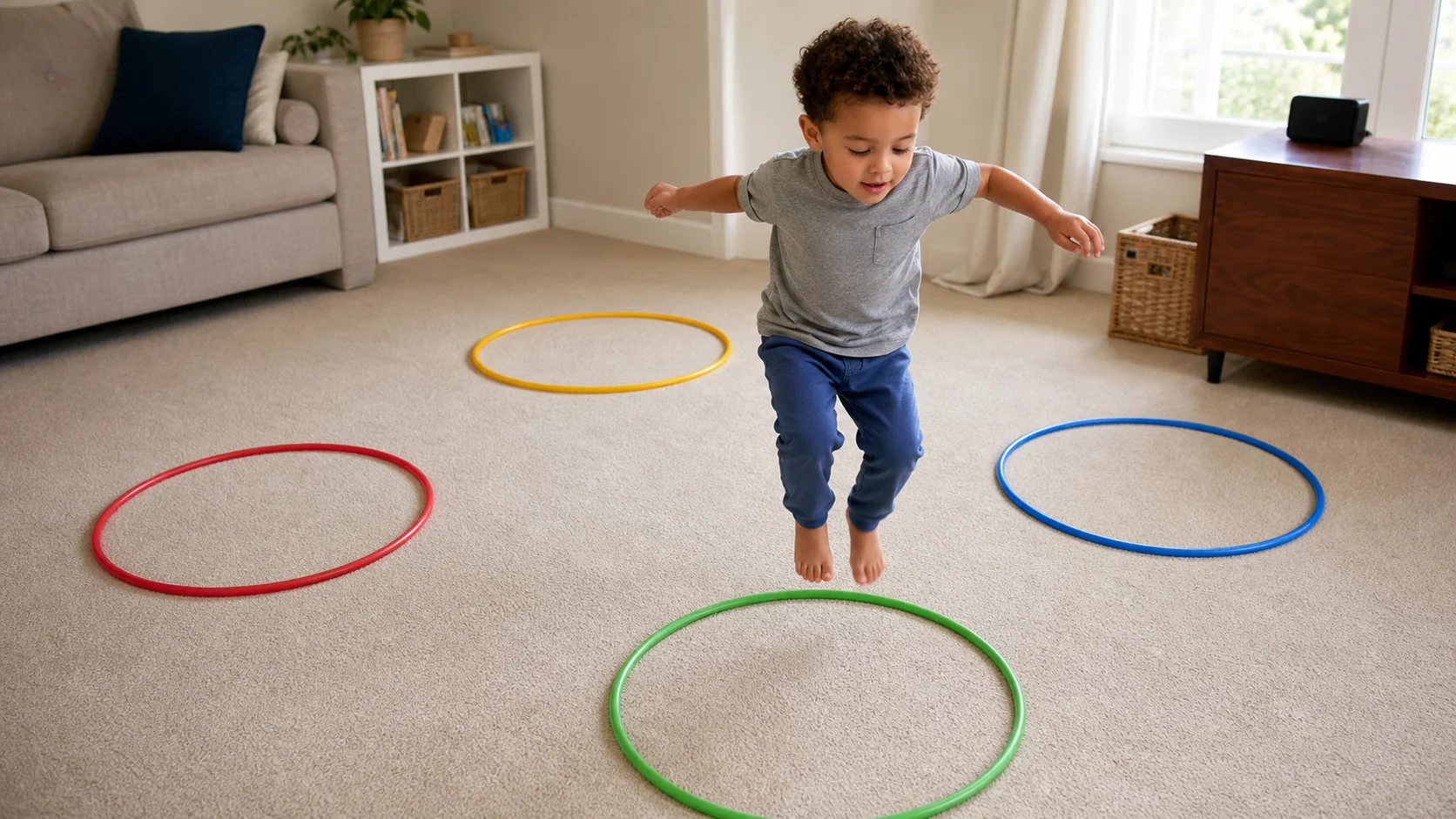 A toddler dancing between floor islands made from hoops or blankets, then hopping onto one when the music stops.