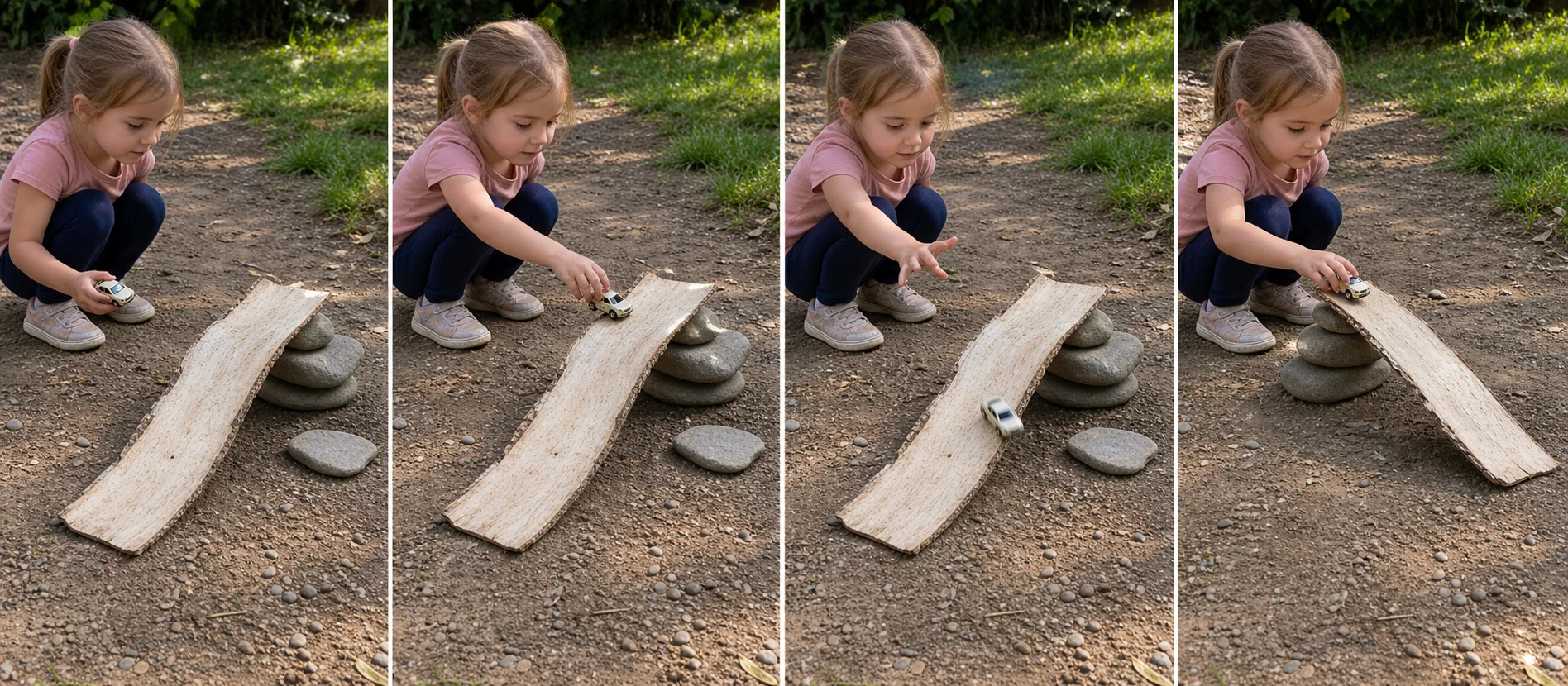 Four panels showing a grown-up propping bark on a rock, a child placing a toy car at the top, the car rolling down, and the ramp rebuilt for another test.