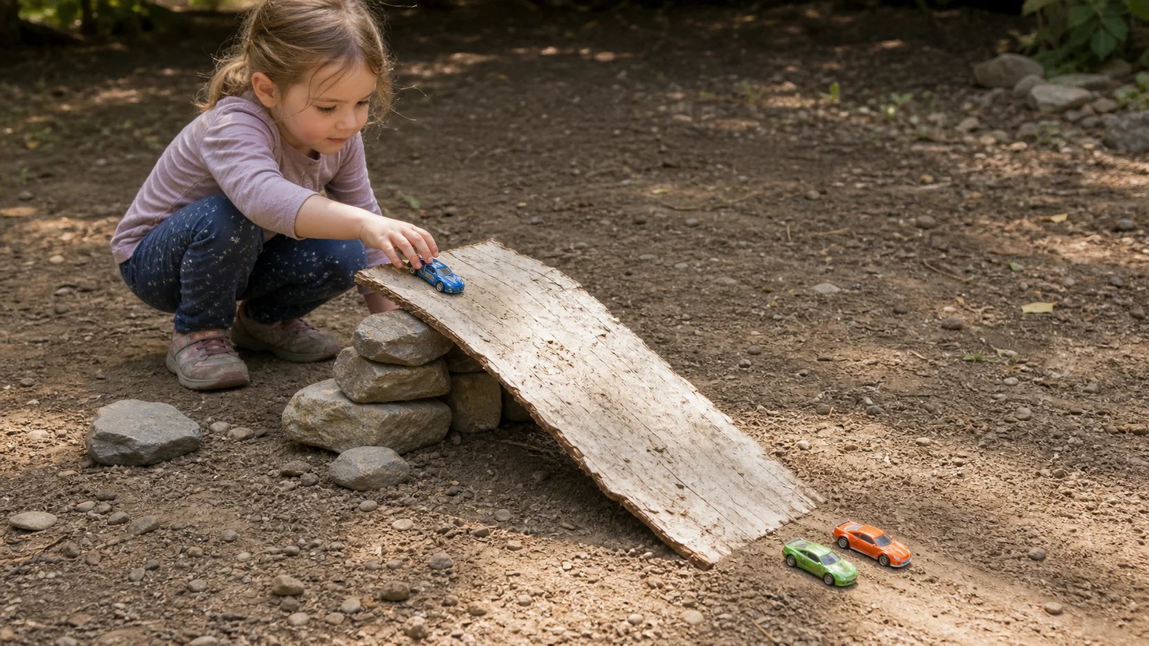 A toddler kneels outdoors beside a low bark ramp propped on a rock and sends a toy car down the path.