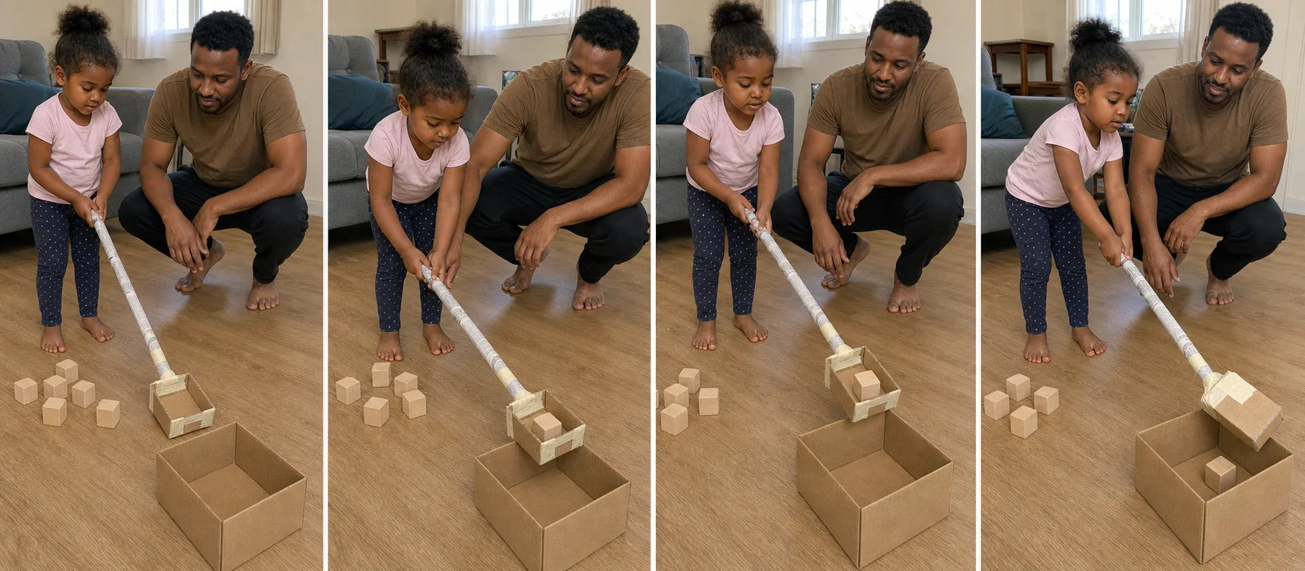 Sequence showing a child scooping a block with the crane, carrying it across the floor, and dropping it into the target box.
