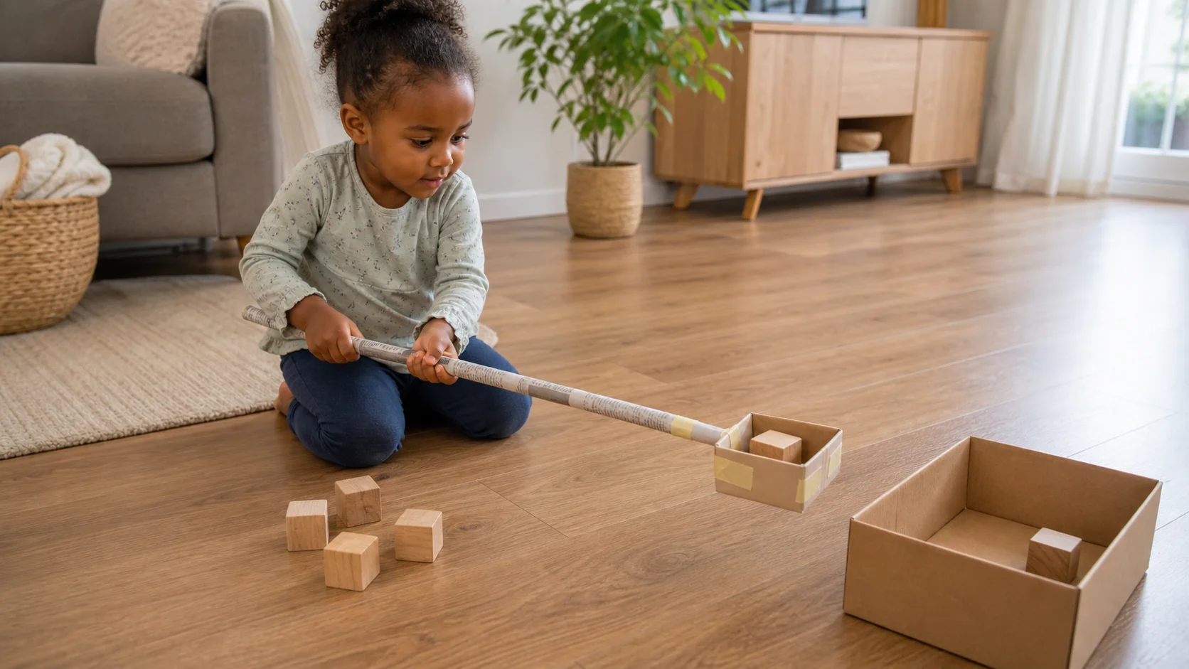 Preschool child using a rolled newspaper crane to lift one block toward a target box on the floor.
