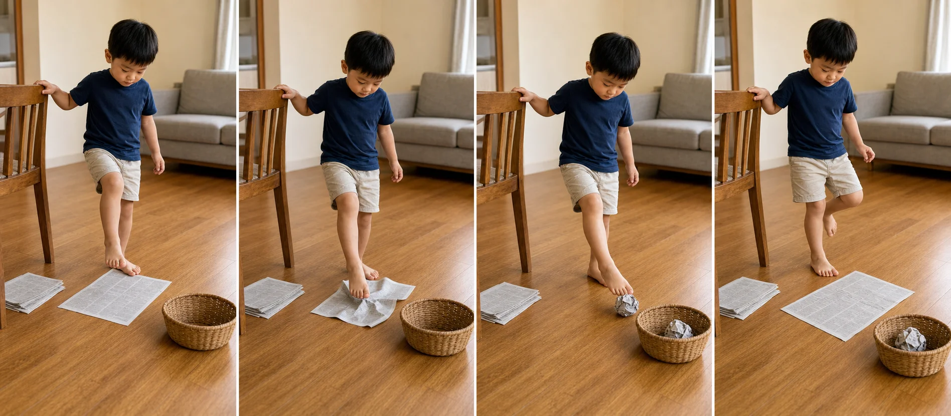 Sequence showing a child stepping beside newspaper, crumpling it with one foot, pushing the paper ball into a basket, and switching legs.