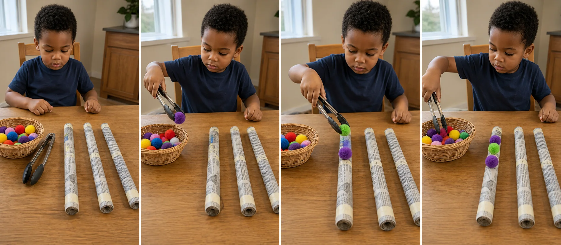 Three panels showing a grown-up modeling one pom-pom landing, a child balancing pom-poms with tongs, and the rows being cleared for another round.