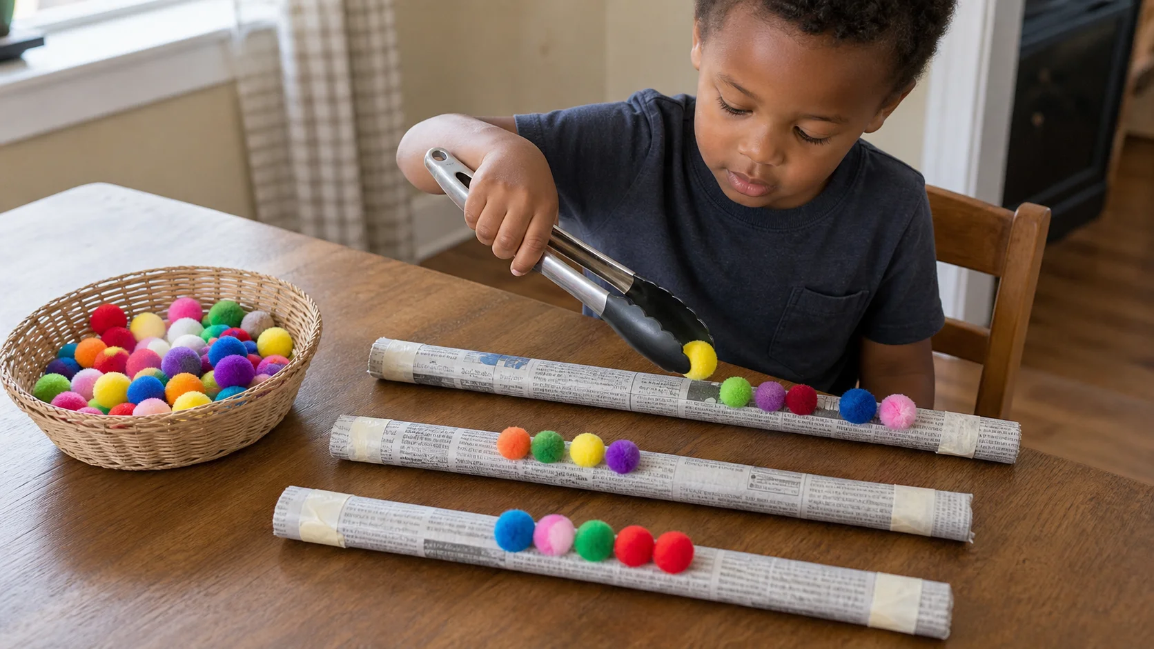 A preschooler using tongs to place a pom-pom on top of a rolled newspaper log at a table.