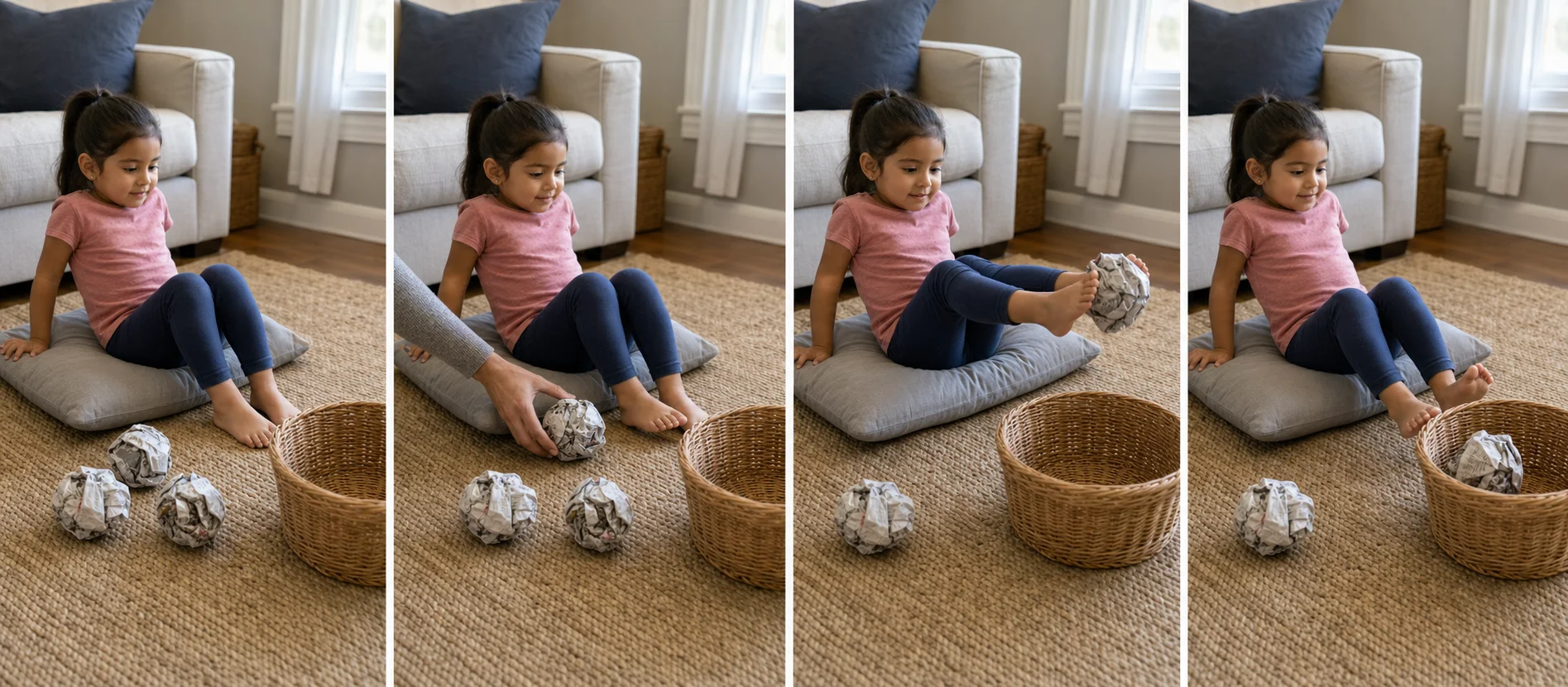 Four panels show a grown-up crumpling newspaper, a child seated on a pillow with hands braced, the child lifting a newspaper ball with both feet, and the ball dropping into a basket.