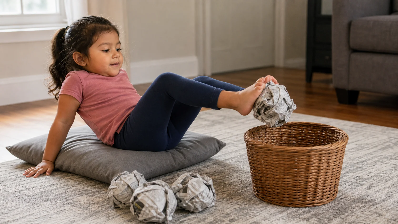 A toddler sits on a floor pillow and lifts a crumpled newspaper ball with both feet toward a basket on the rug.