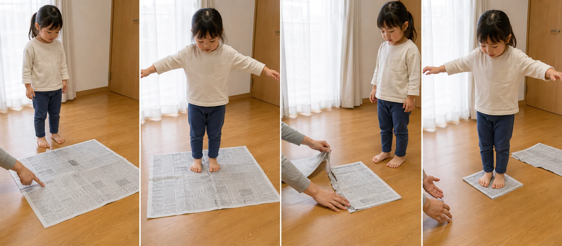Sequence showing a child standing on a full newspaper sheet, stepping off while it is torn smaller, and stepping onto the next tiny island.