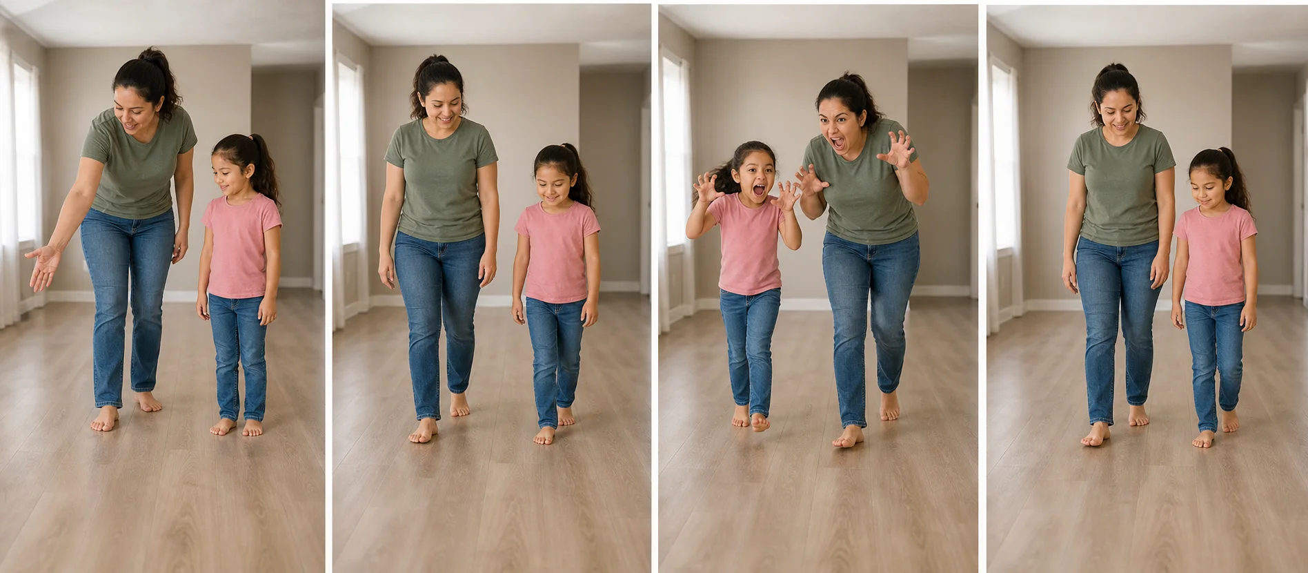 Four panels showing a grown-up clearing an open space, both players doing a quiet walk, speeding up into a louder round, and slowing back down together.