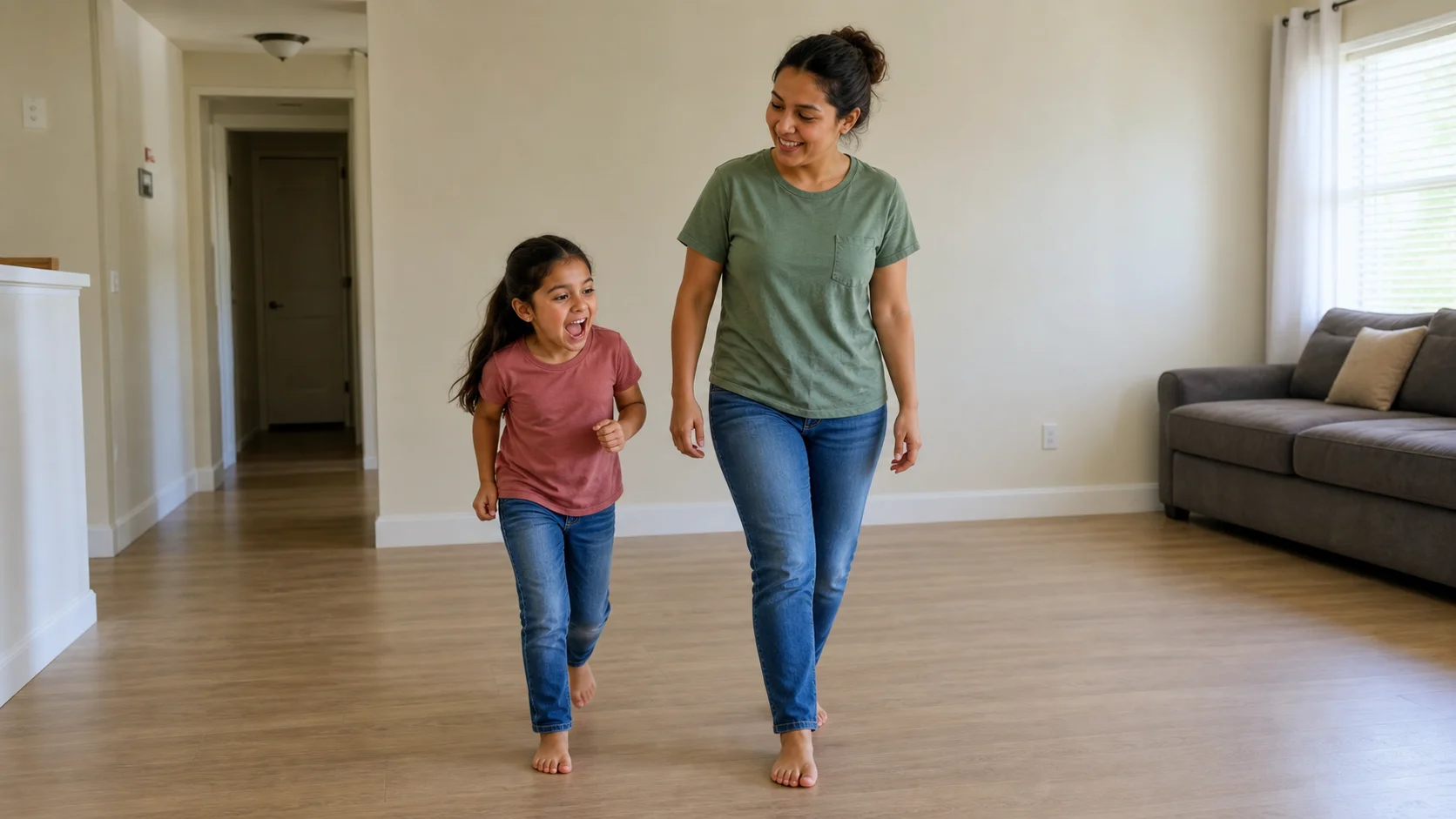 A child and grown-up moving through an open room together while using quiet and loud voices to match slow and fast movement.