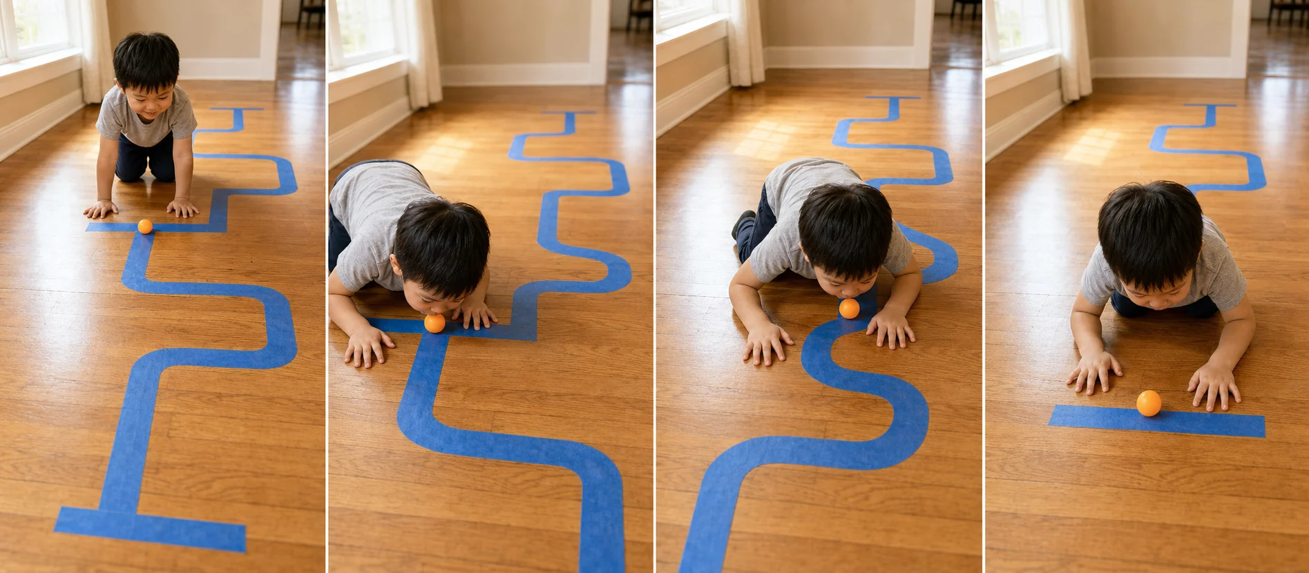 Four panels show a grown-up taping a winding floor path, a ping-pong ball at the start line, a child crawling and nudging the ball with the nose, and the ball reaching the finish line.