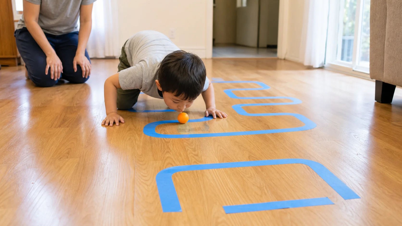 A toddler crawls on hands and knees and nudges a ping-pong ball through a taped floor maze with the nose.