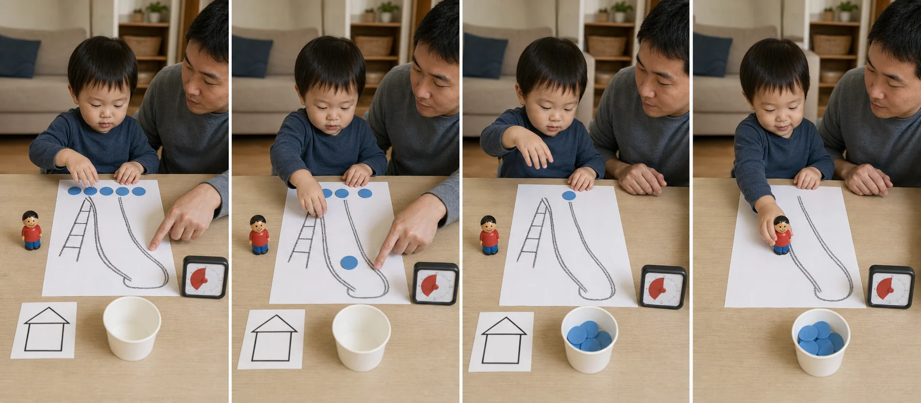 Four panels showing the token slide setup, countdown turns, the last token, and the toy person moving from park to home.
