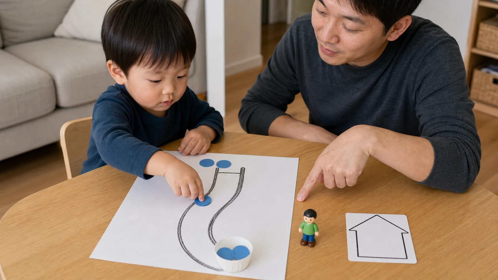 Toddler at a low table sliding paper tokens down a drawn slide toward a finished cup while a home card and toy person sit nearby.