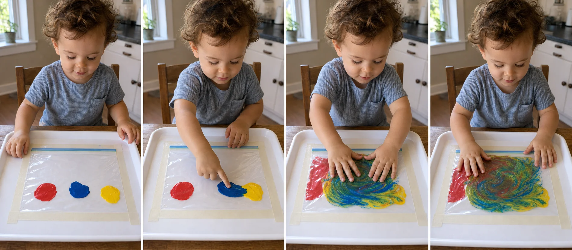 A multi-panel sequence showing a grown-up putting paint into a freezer bag, taping the sealed bag flat, a toddler pressing the colors together, and the mixed paint spread across the bag.