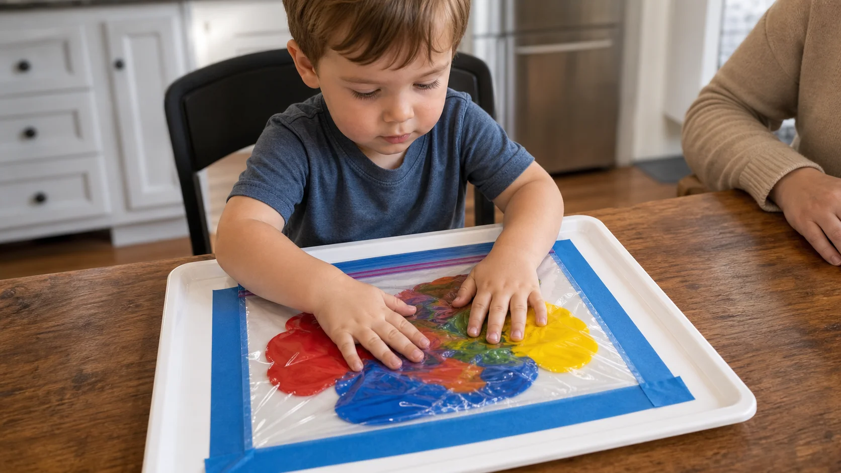 A toddler presses both hands on a sealed paint bag filled with bright colors while a grown-up stays close at the table.