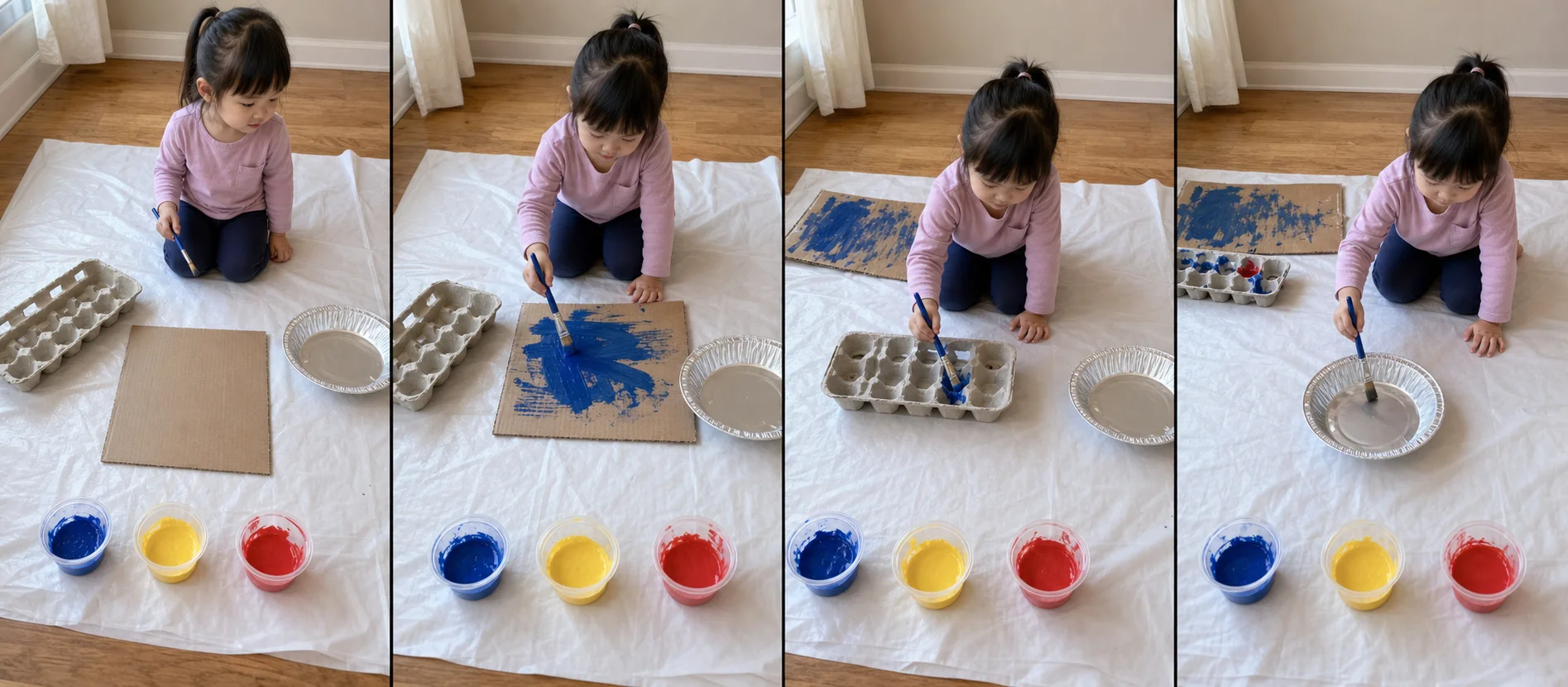 A step-by-step play sequence showing clean recycled pieces spread on a tarp, a child painting one piece, turning it to a new side, and sliding wet pieces to the edge.