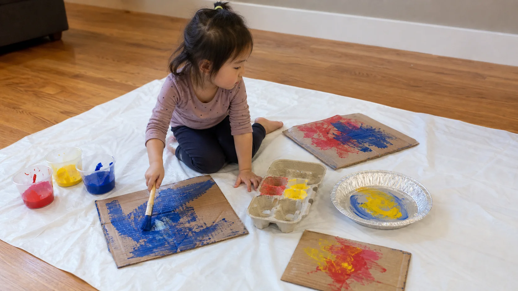 A child paints clean cardboard and egg cartons on a floor tarp with washable paint while a grown-up keeps extra recycled pieces nearby.