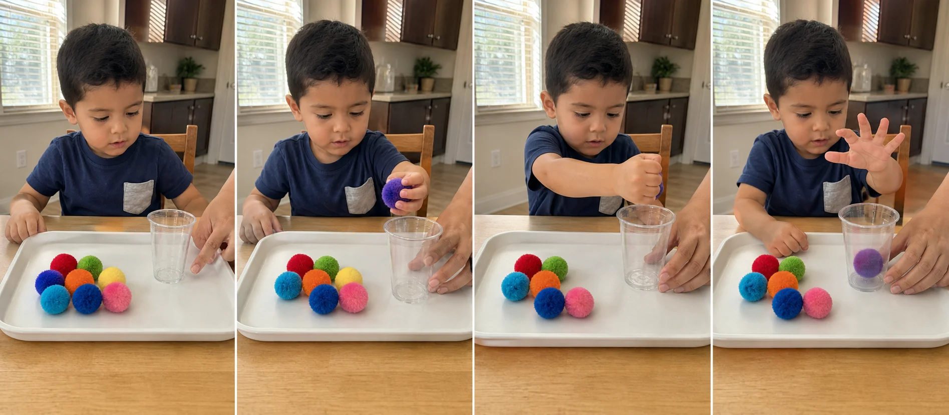 Panels showing a child picking up a soft piece, hiding it in a palm pocket, carrying it over a cup, dropping it in, and emptying the cup to repeat