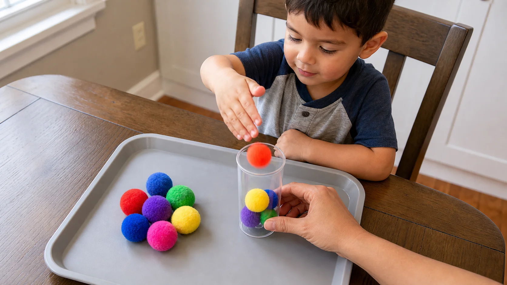 Toddler dropping a large soft pom-pom from a cupped palm into a plastic cup on a tray