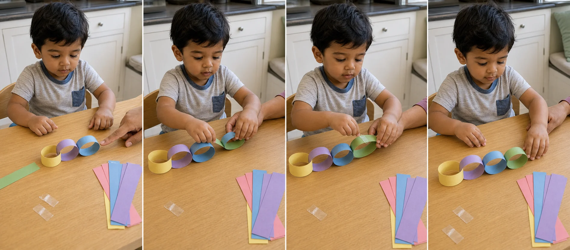 Panels showing a grown-up preparing paper strips, a toddler threading one strip, pressing the ends closed, and counting the new chain link.