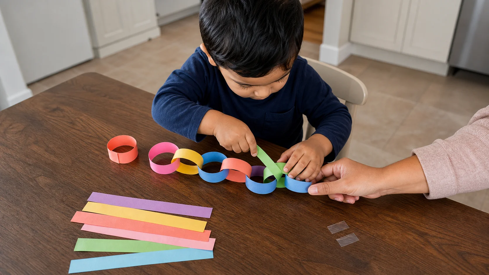 Toddler threading a colored paper strip through a starter paper chain while a grown-up steadies the link.