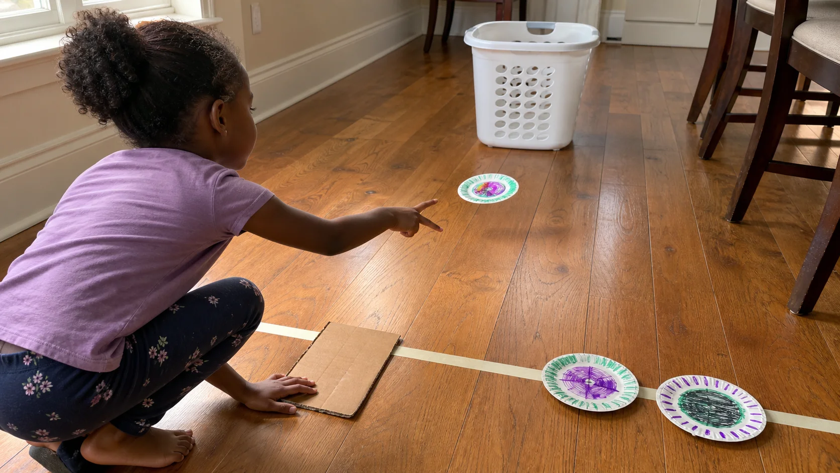 A school-age child stands behind a taped line and flicks a paper disc from a small cardboard launcher toward a laundry basket.