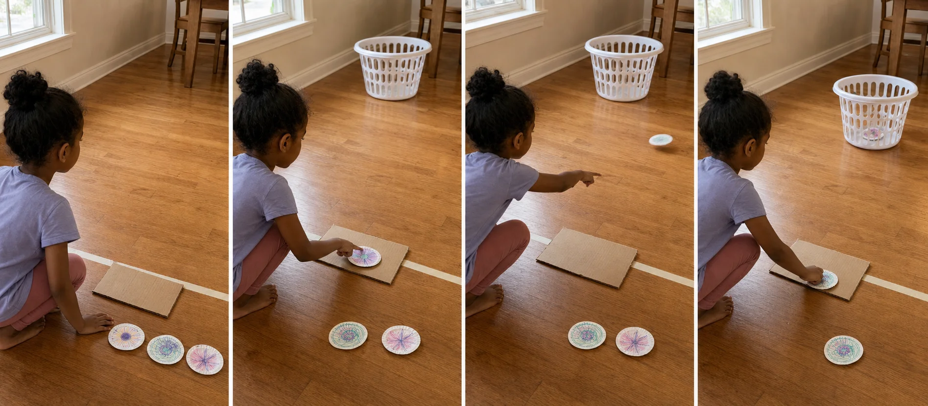 Four panels show a grown-up cutting paper plate discs, taping a start line in front of a laundry basket, a child steadying cardboard and flicking a disc, and discs being retrieved for another round.