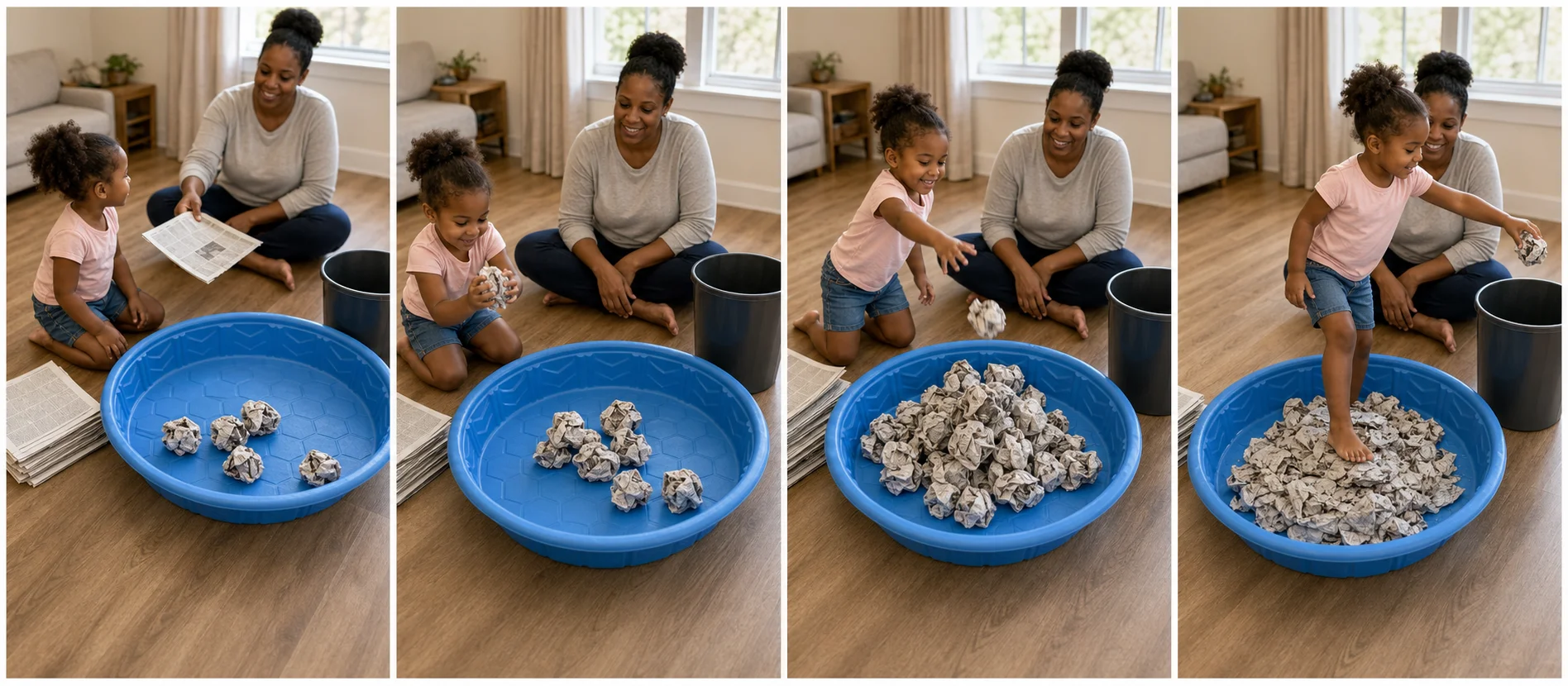 Four panels showing newspaper being crumpled, a paper mound growing inside a floor zone, a toddler climbing or crushing the mound, and the paper being thrown into a waste can.