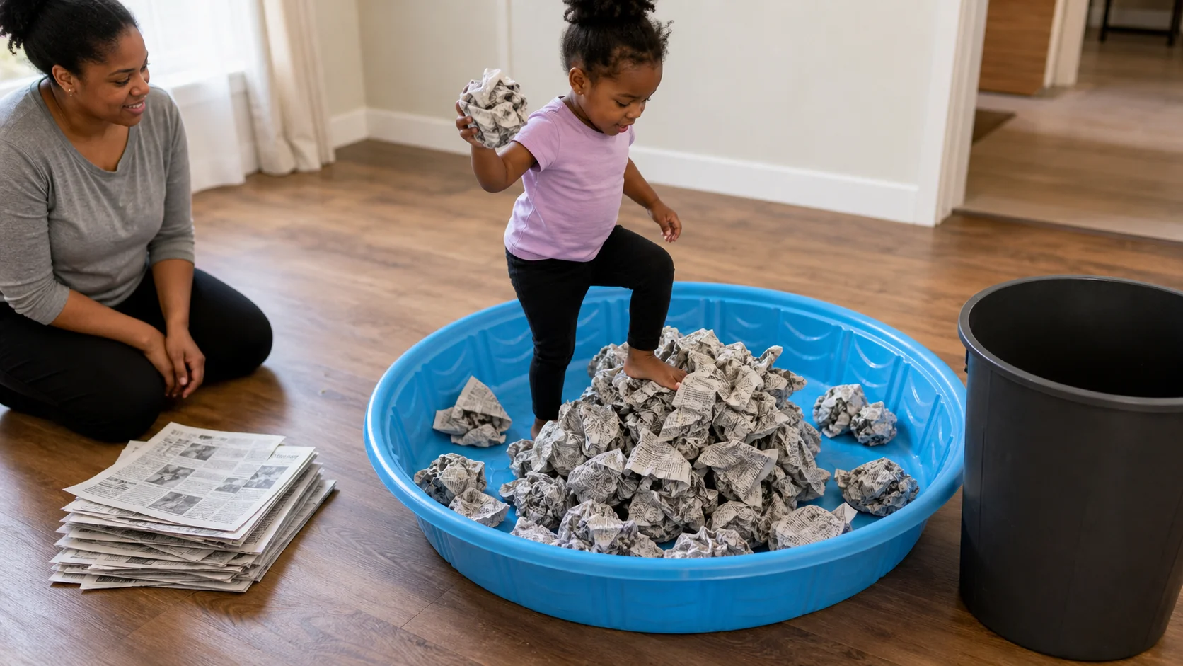 A toddler tossing crumpled newspaper into a paper pile on the floor while a grown-up sits nearby with a waste can.