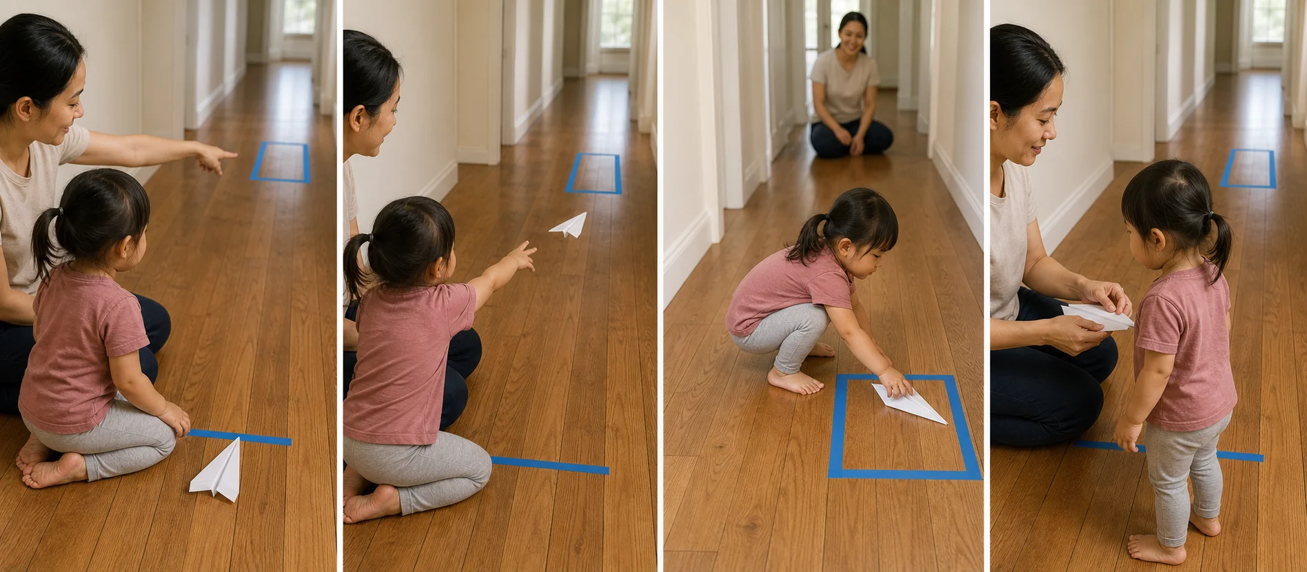 A multi-panel sequence showing a child launching a paper plane, walking to pick it up, bringing it back, and launching again from the same spot.