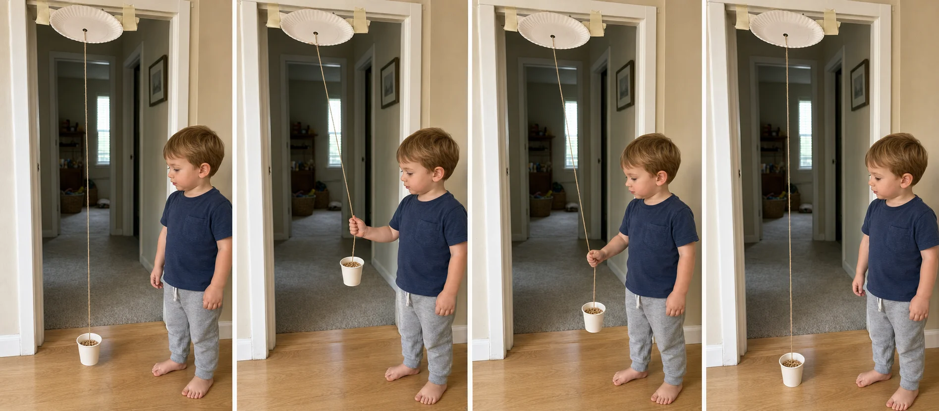 A step-by-step play sequence showing a taped paper-plate pulley, a bean-filled cup lifting with one pull, a slow lower, and a reset for another turn.