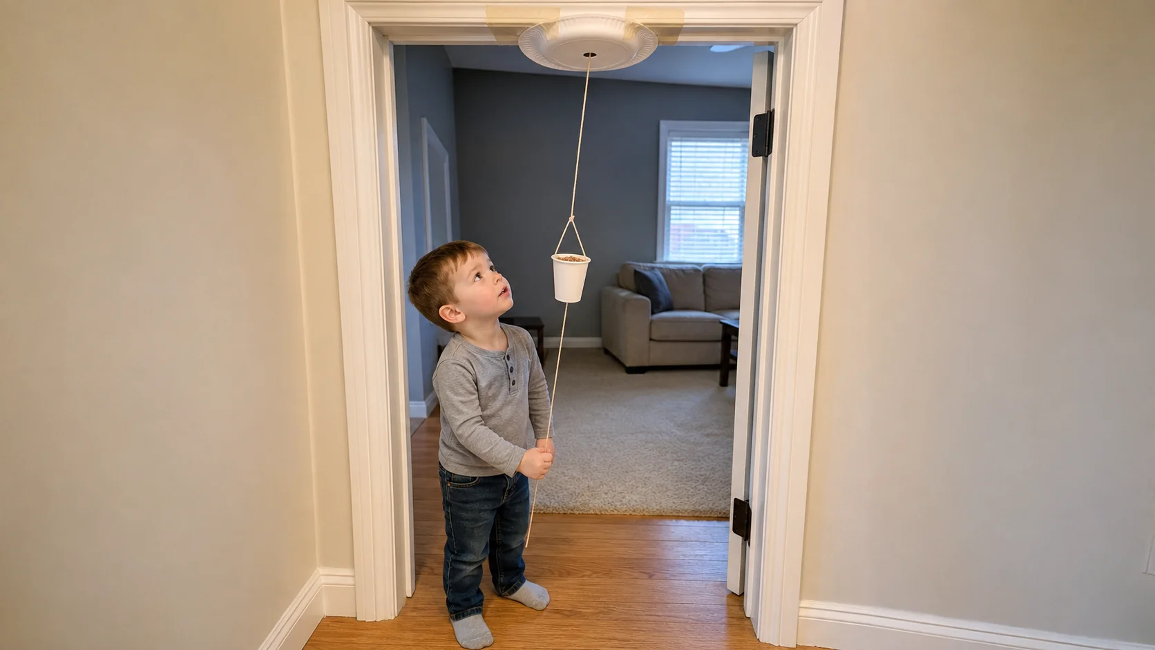 A child pulls a loose string under a doorway while a bean-filled paper cup lifts through a taped paper-plate pulley and a grown-up stands nearby.