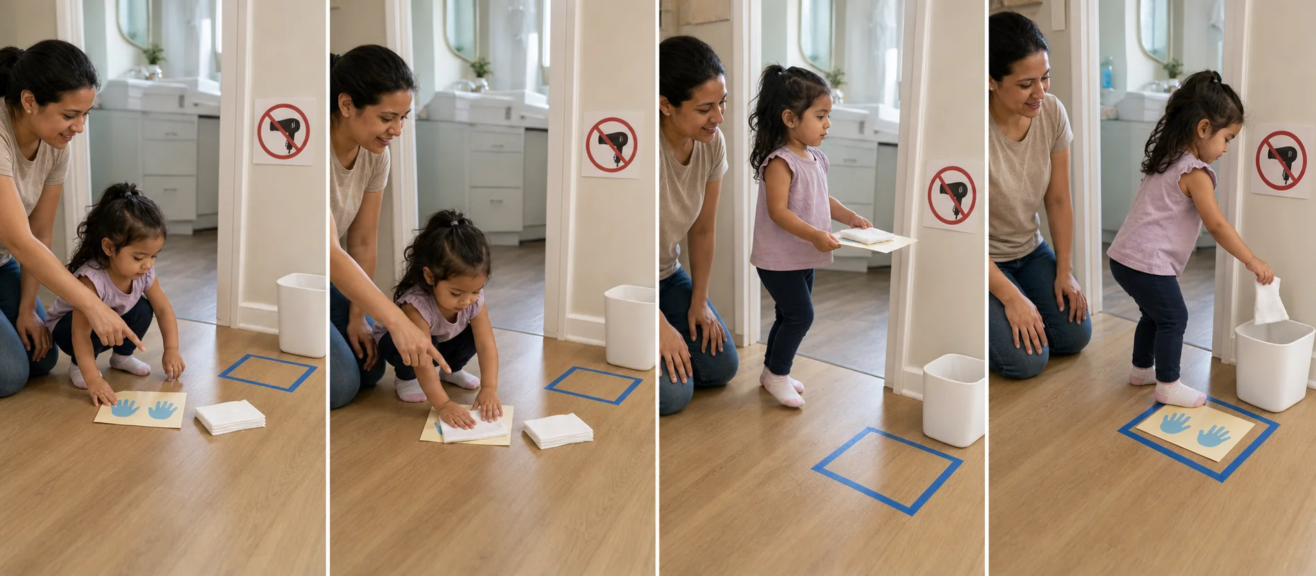Four panels show a toddler placing a paper towel on a hand card, moving past a no-dryer sign, dropping the towel into a bin, and resetting for the next quiet exit round.