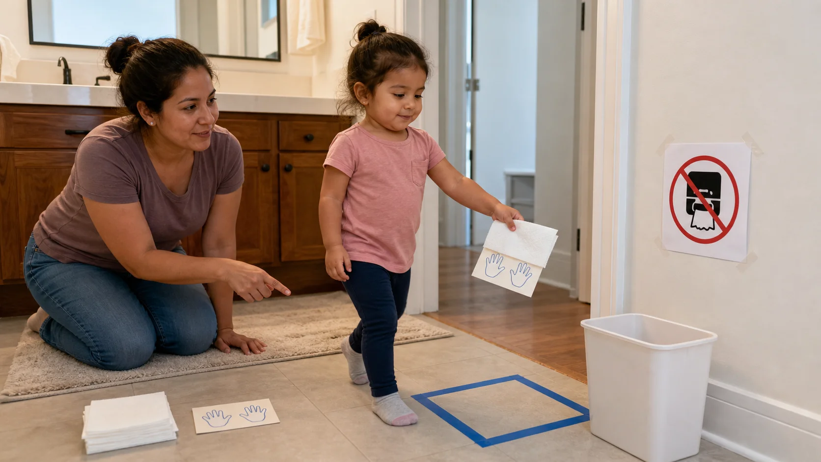 A toddler presses a paper towel onto a wet-hand card, walks past a no-dryer sign, and drops the towel into a small bin near the bathroom exit.