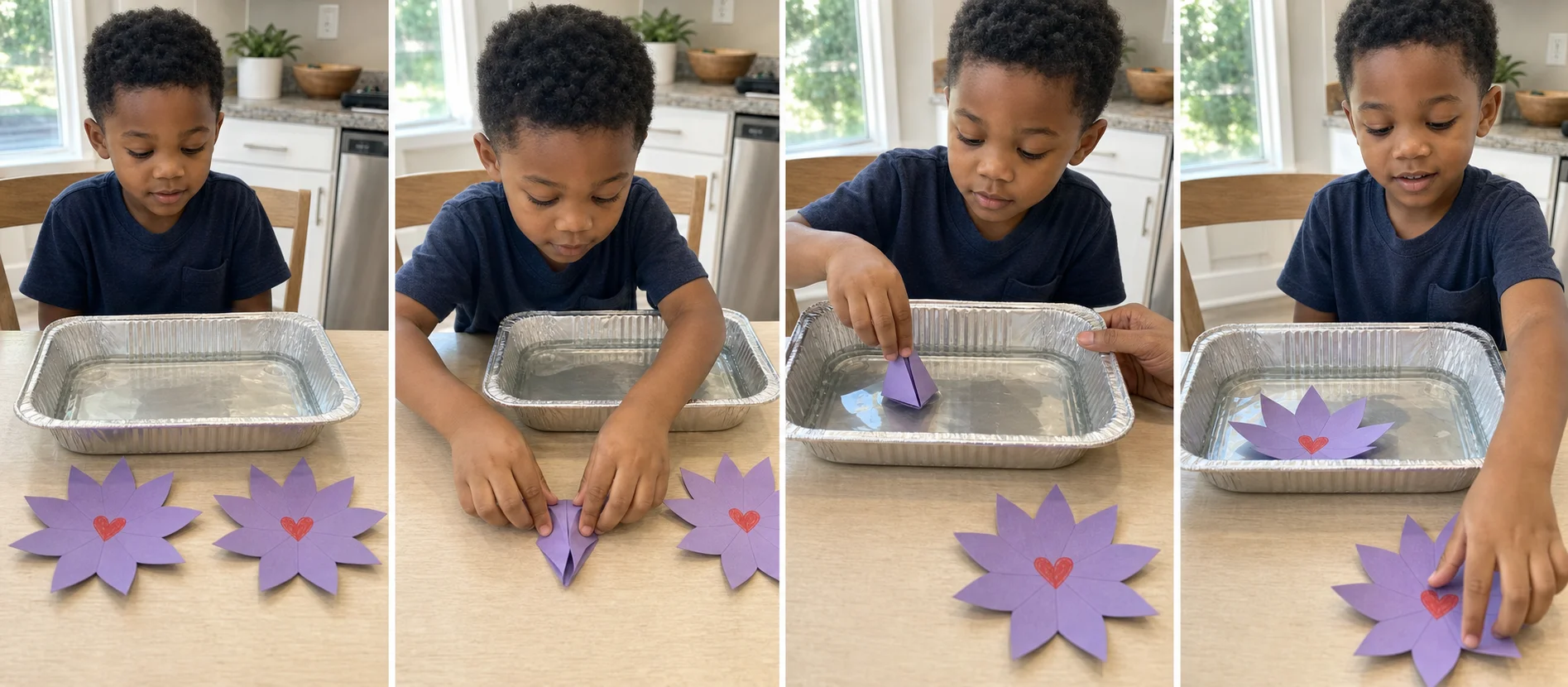 Sequence showing a child folding paper petals inward, setting the flower on water, and watching it open to reveal a heart.