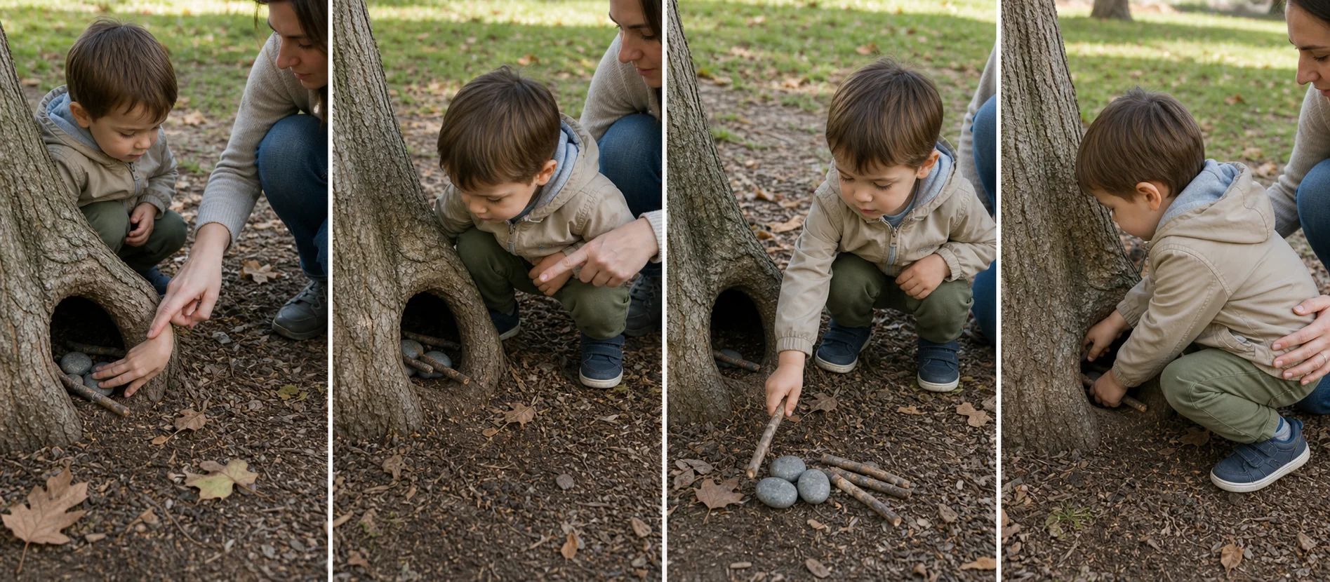 Four panels showing a grown-up choosing a low tree nook, tucking in a few natural items, a child rescuing them one by one, and the items being hidden again for another round.