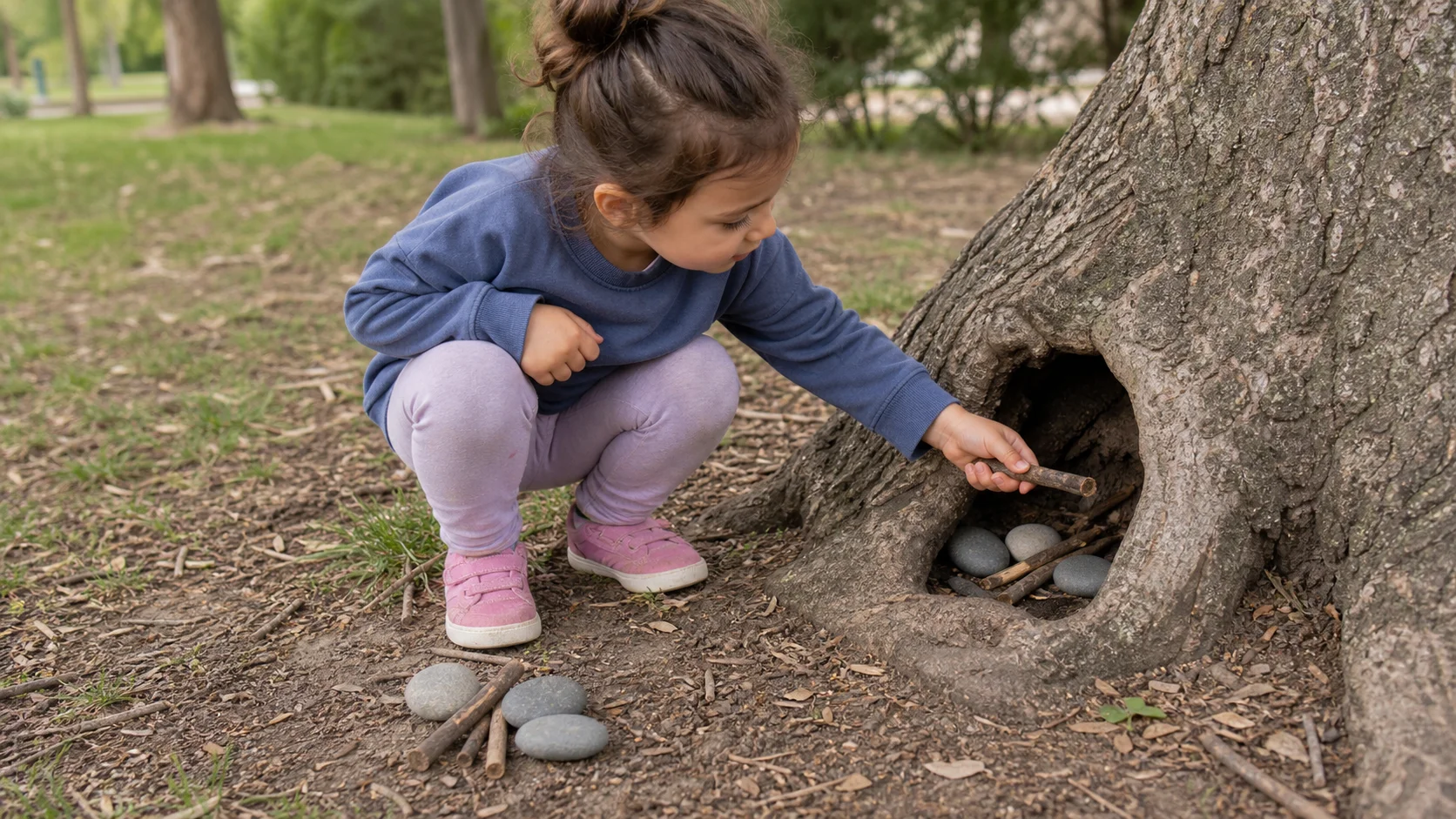 A grown-up and toddler crouch beside a low hedge while the toddler pulls a hidden leaf or toy from one small outdoor hiding place.