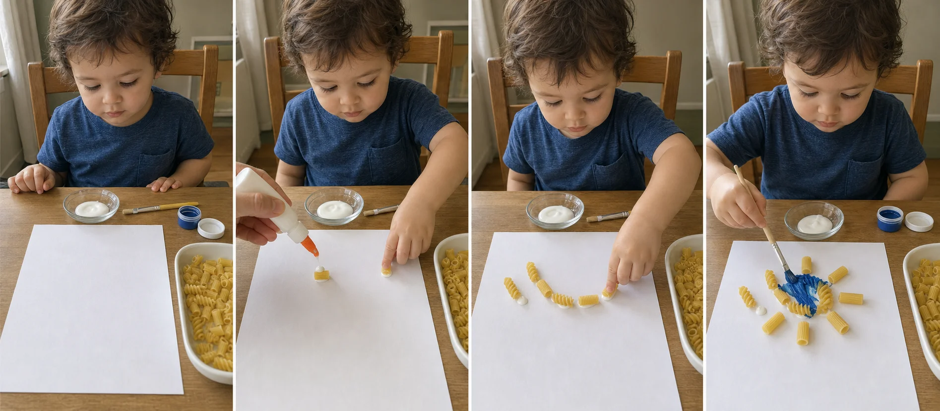 Four panels showing paper and dry pasta set out, a grown-up modeling one placement, a toddler adding more pasta pieces, and the finished picture being painted.