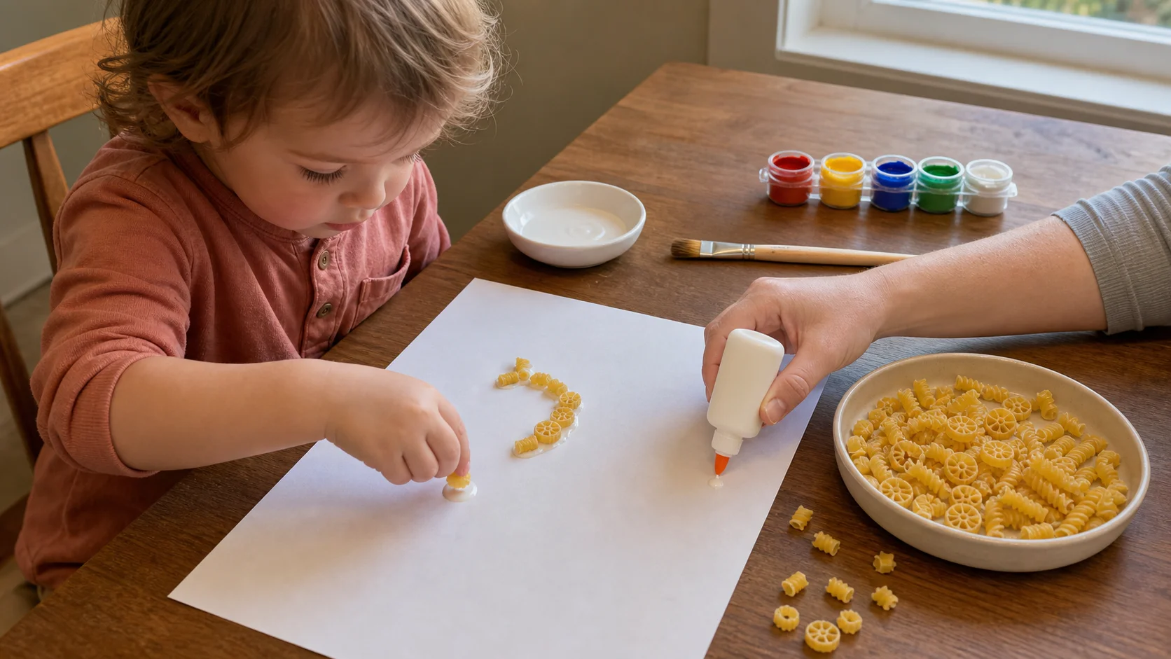 A toddler at a table placing one dry pasta shape onto a small glue spot on paper while a grown-up holds the bowl nearby.