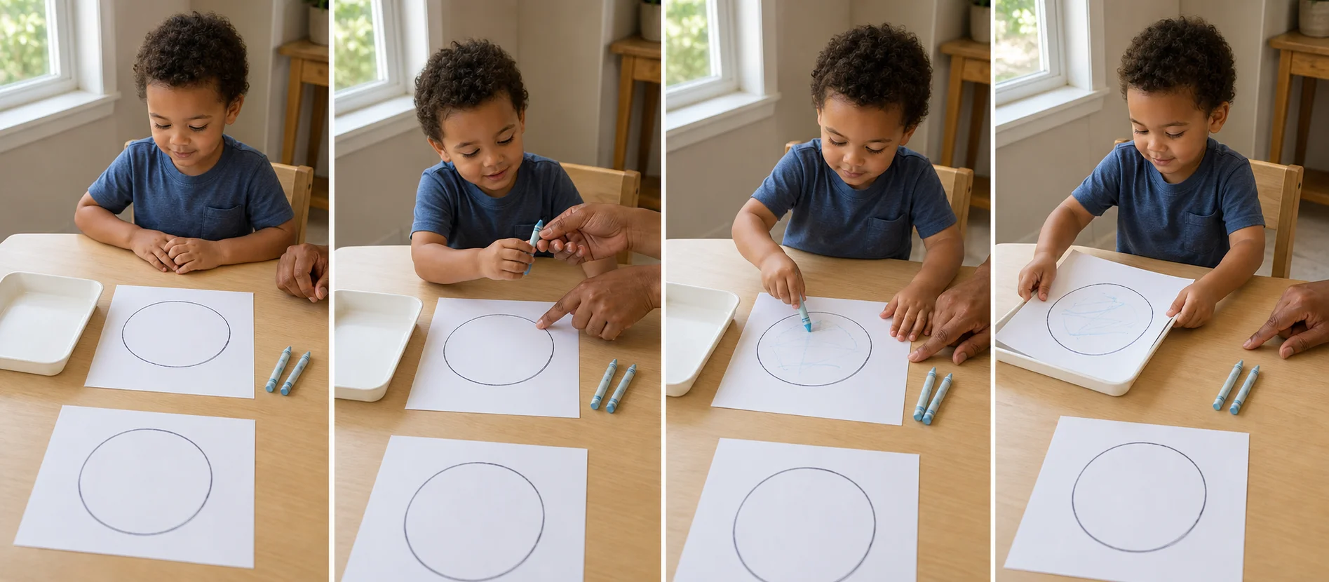 Sequence showing a toddler choosing a pale crayon, marking a simple outline, sliding the page to done, and starting one new page