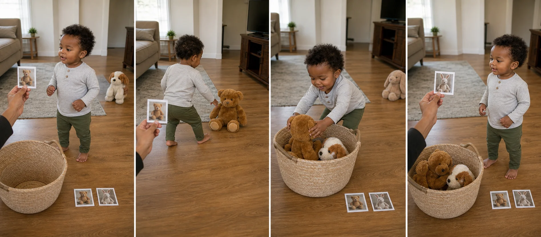Four panels showing a grown-up holding up a photo cue, a child searching for a stuffed animal, the child carrying it back, and the next photo cue starting another round.