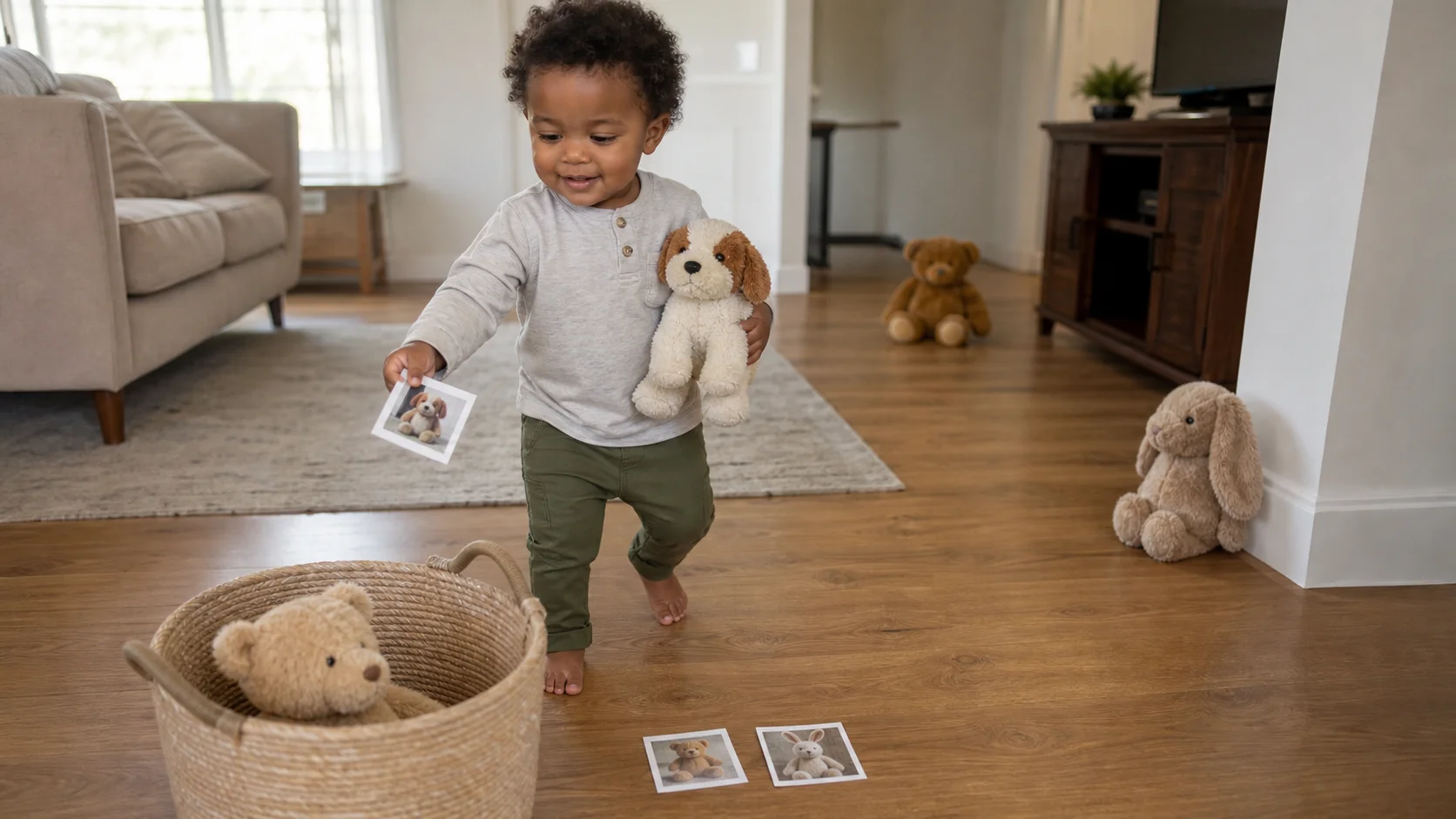 A toddler holding a photo card while looking for the matching stuffed animal in a small play room.
