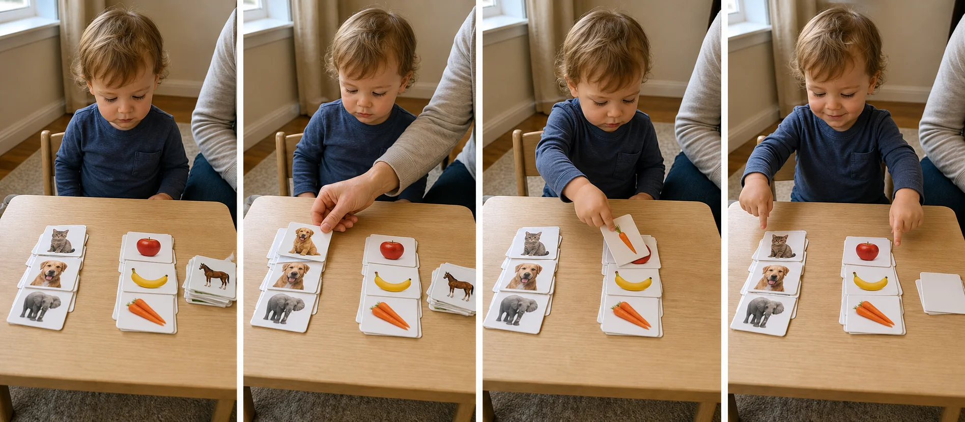 Four panels showing two picture groups set out on a table, a grown-up modeling one sort, a child placing a picture into the matching group, and the finished sorted cards in two small piles.