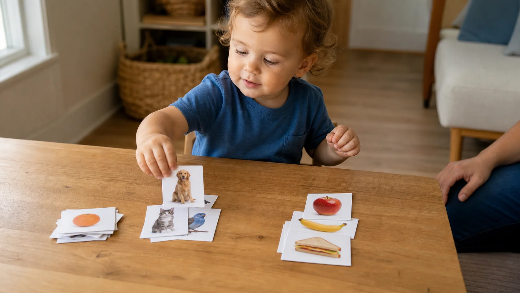 A toddler at a low table placing a picture card into one of two visible category groups while a grown-up sits nearby.