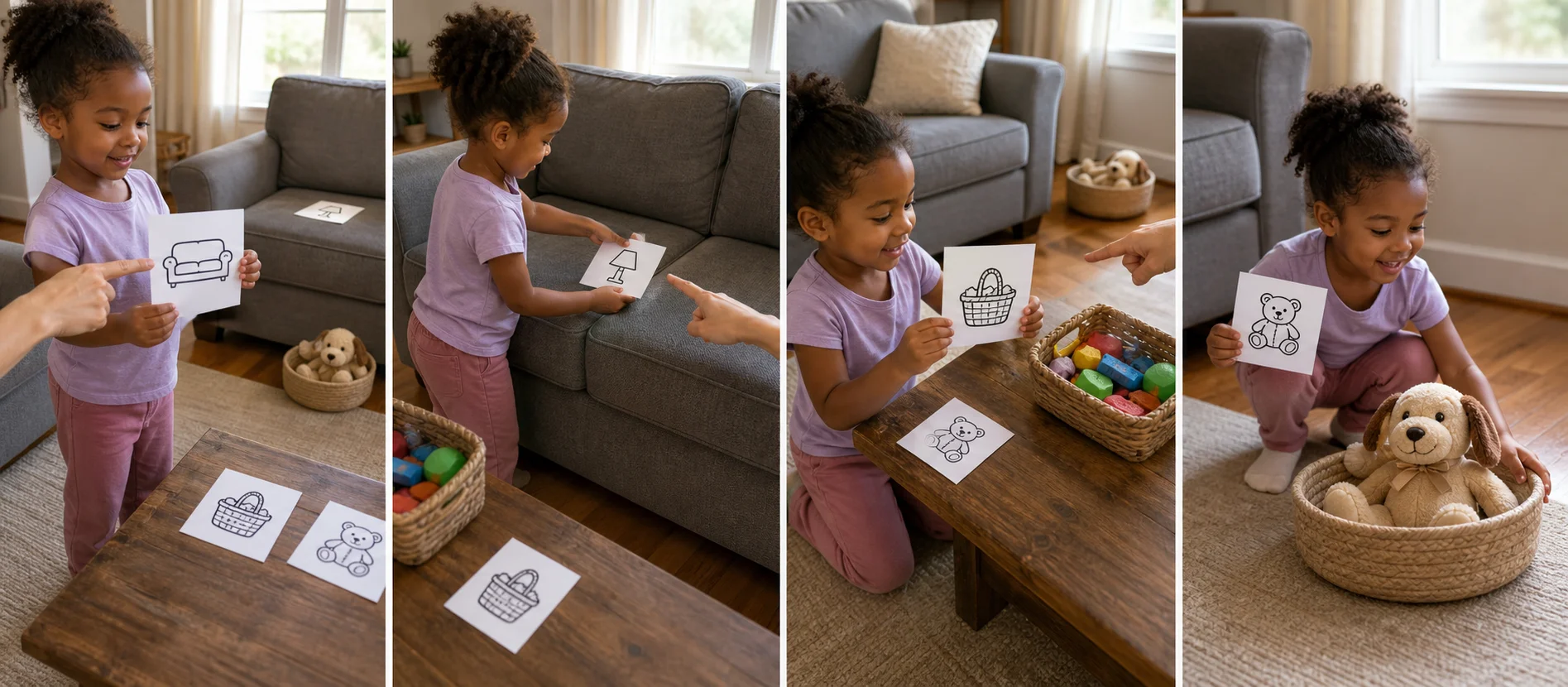 A child reading a picture clue, walking to the matching household item, finding the next card, and discovering the prize.
