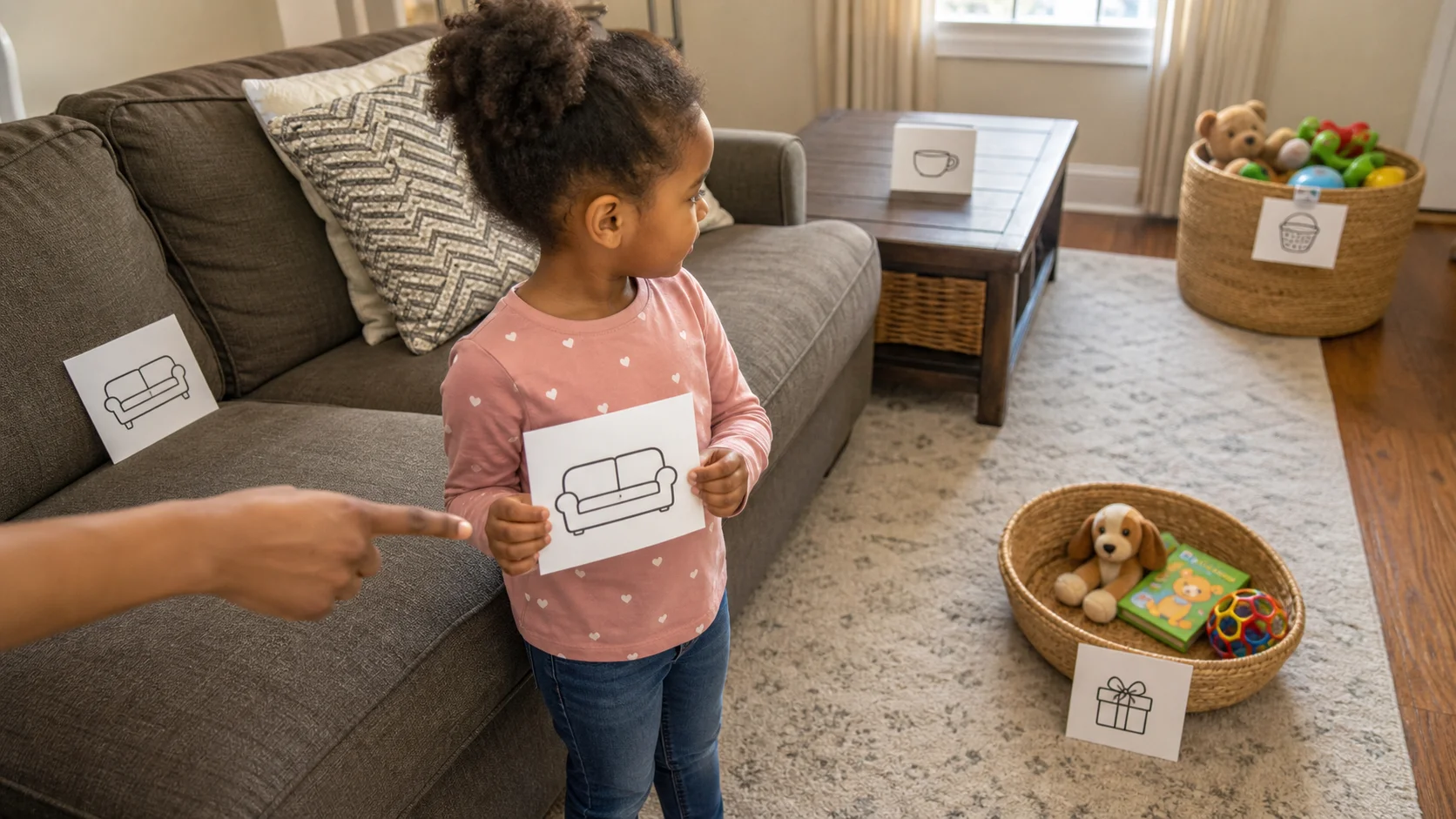 A preschooler holding a picture clue card while a grown-up points toward the next household stop.